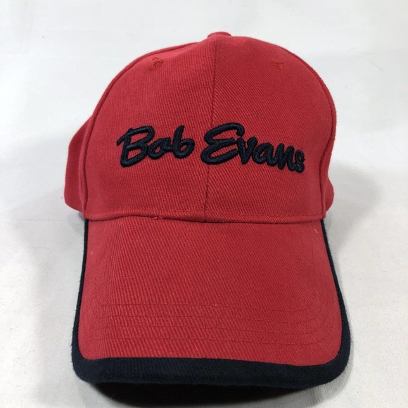 BOB EVANS HAT CAP RED BLACK EMPLOYEE WORK UNIFORM STRAP BACK OSFM **STAINED/BENT - Picture 1 of 12